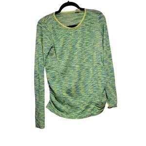 Be Inspired L Women Large Athletic LS Shirt Green Blue Stripe Ruched Stretchy‎